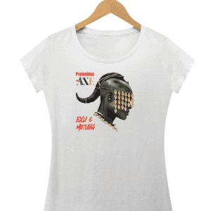 Orixá Exu com arte do cabelo camiseta feminina branca Protegidos pelo Axé, orixá, entidade, umbanda, candomblé, terreiro