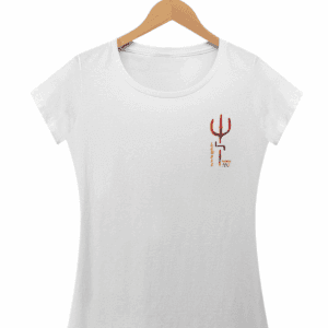 Tridende o orixá Exu, camiseta feminina branca, Protegidos pelo Axé, entidade, umbanda, candomblé, terreiro, detalhe