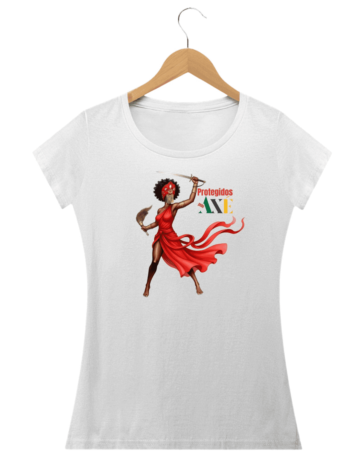 Orixá Iansã guerreira camiseta feminina branca - 100% algodão Protegidos pelo Axé, entidade, umbanda, candomblé, terreiro