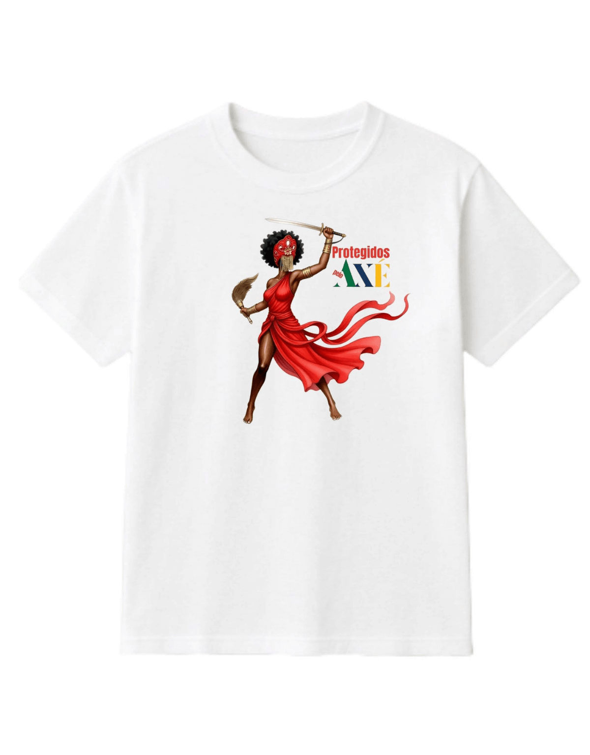 Orixá Iansã guerreira camiseta infantil branca - 100% algodão Protegidos pelo Axé, entidade, umbanda, candomblé, terreiro