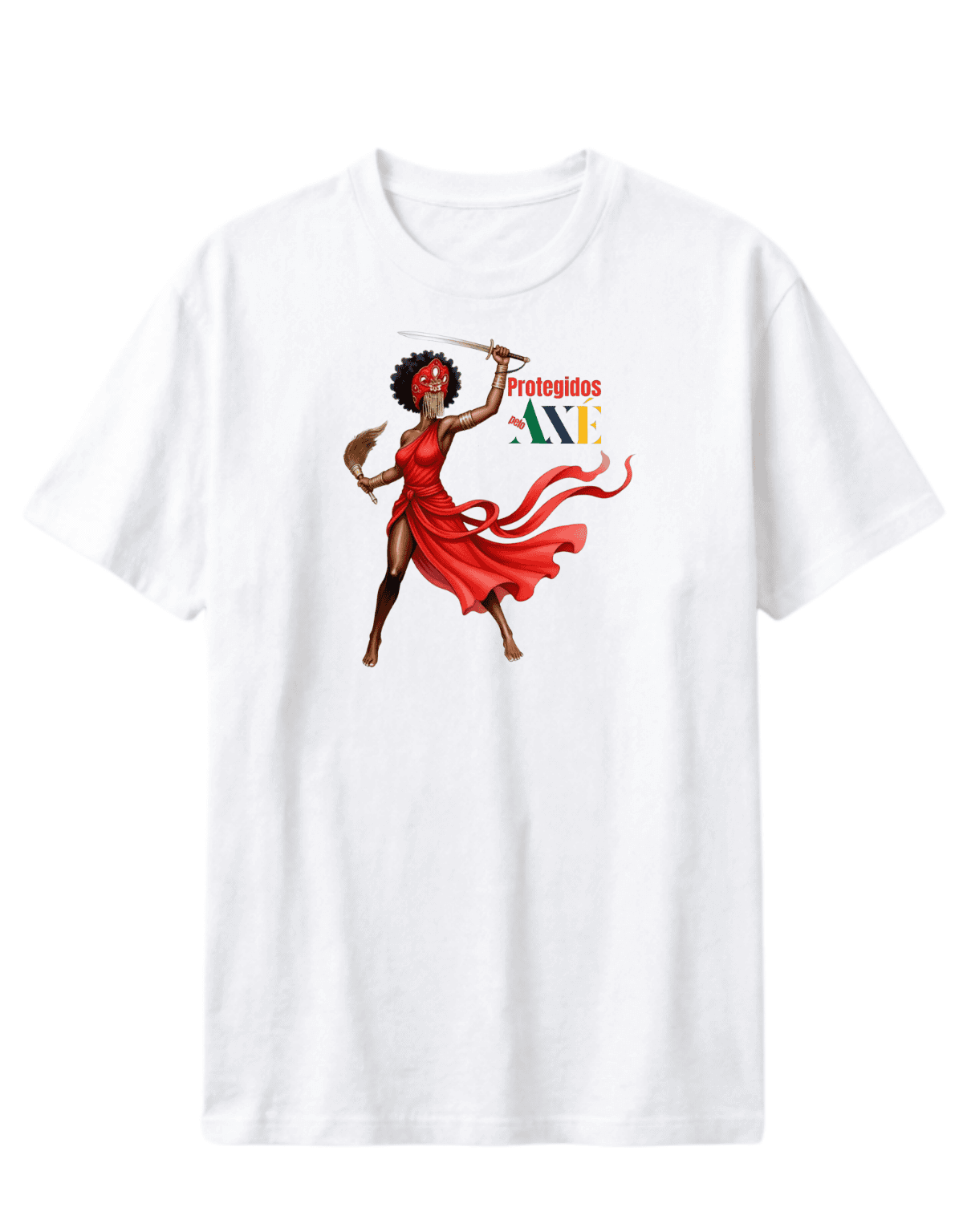 Orixá Iansã guerreira camiseta pluz size branca - 100% algodão Protegidos pelo Axé, entidade, umbanda, candomblé, terreiro