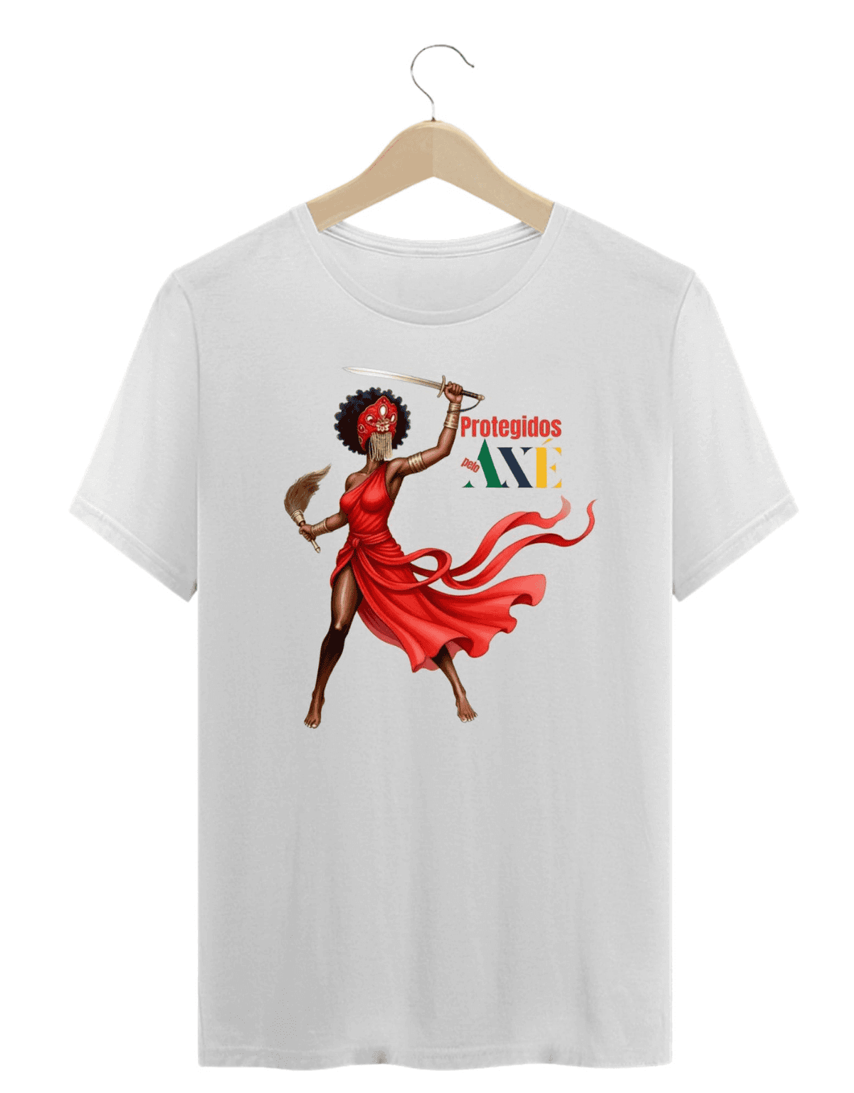 Orixá Iansã guerreira camiseta unissex branca - 100% algodão Protegidos pelo Axé, entidade, umbanda, candomblé, terreiro
