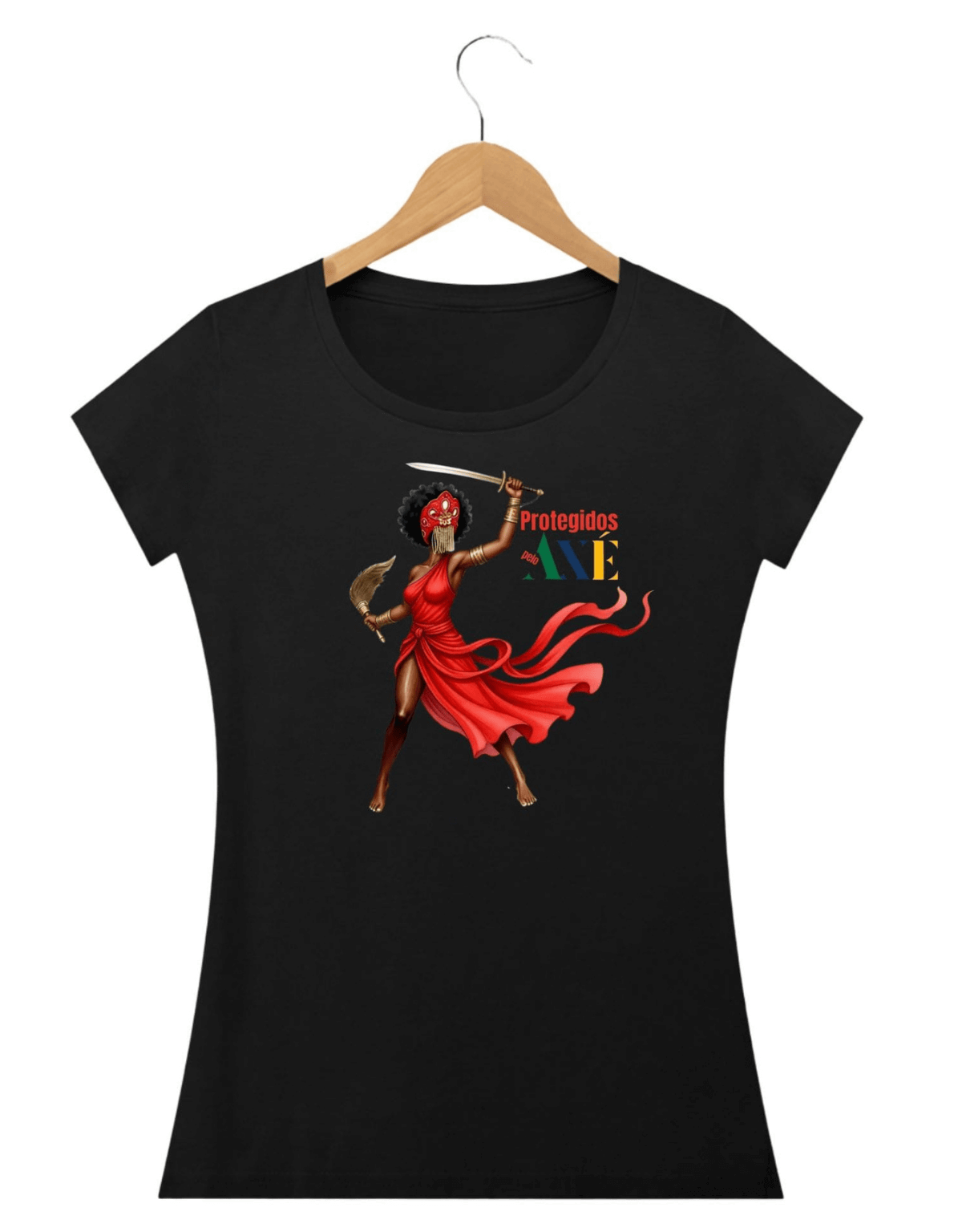 Orixá Iansã guerreira camiseta feminina preta- 100% algodão Protegidos pelo Axé, entidade, umbanda, candomblé, terreiro