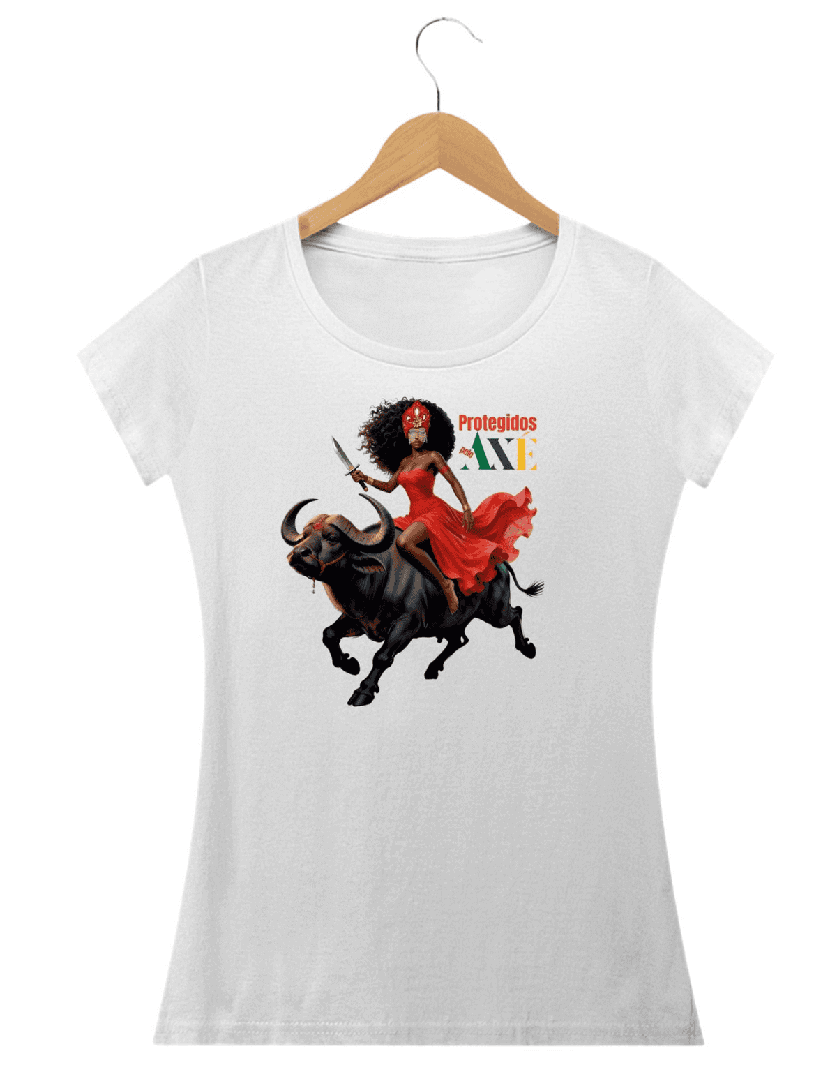Orixá Iansã búfalo camiseta infantil branca - 100% algodão Protegidos pelo Axé, entidade, umbanda, candomblé, terreiro