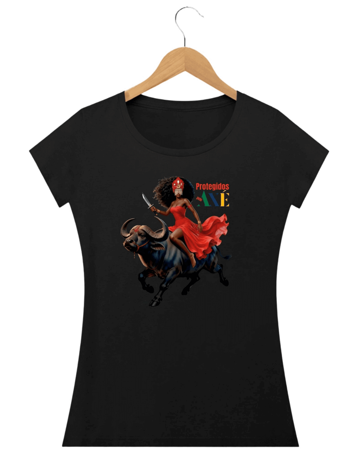 Orixá Iansã búfalo camiseta feminina preta - 100% algodão Protegidos pelo Axé, entidade, umbanda, candomblé, terreiro