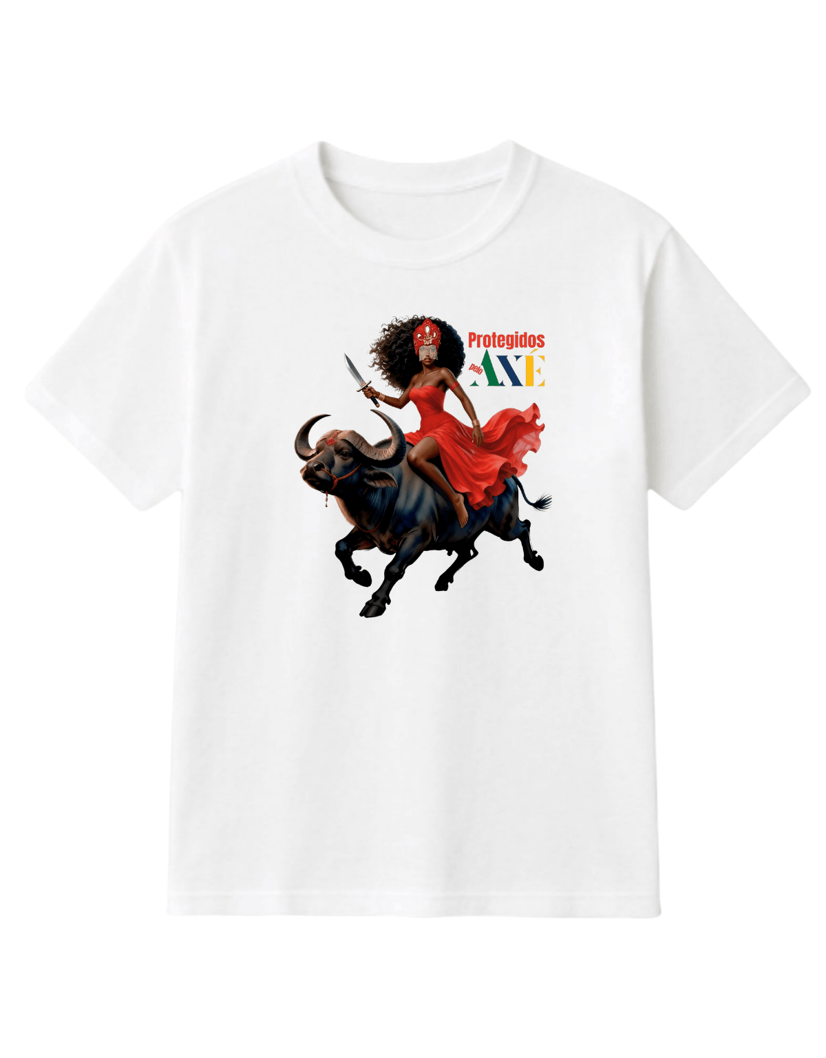 Orixá Iansã búfalo camiseta infantil branca - 100% algodão Protegidos pelo Axé, entidade, umbanda, candomblé, terreiro