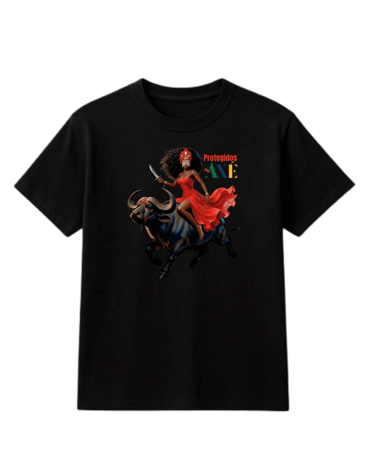 Orixá Iansã búfalo camiseta infantil preta - 100% algodão Protegidos pelo Axé, entidade, umbanda, candomblé, terreiro