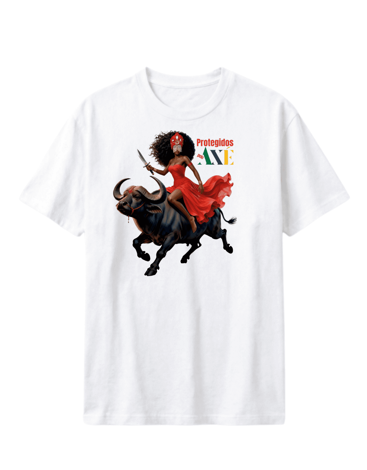 Orixá Iansã búfalo camiseta infantil branca - 100% algodão Protegidos pelo Axé, entidade, umbanda, candomblé, terreiro