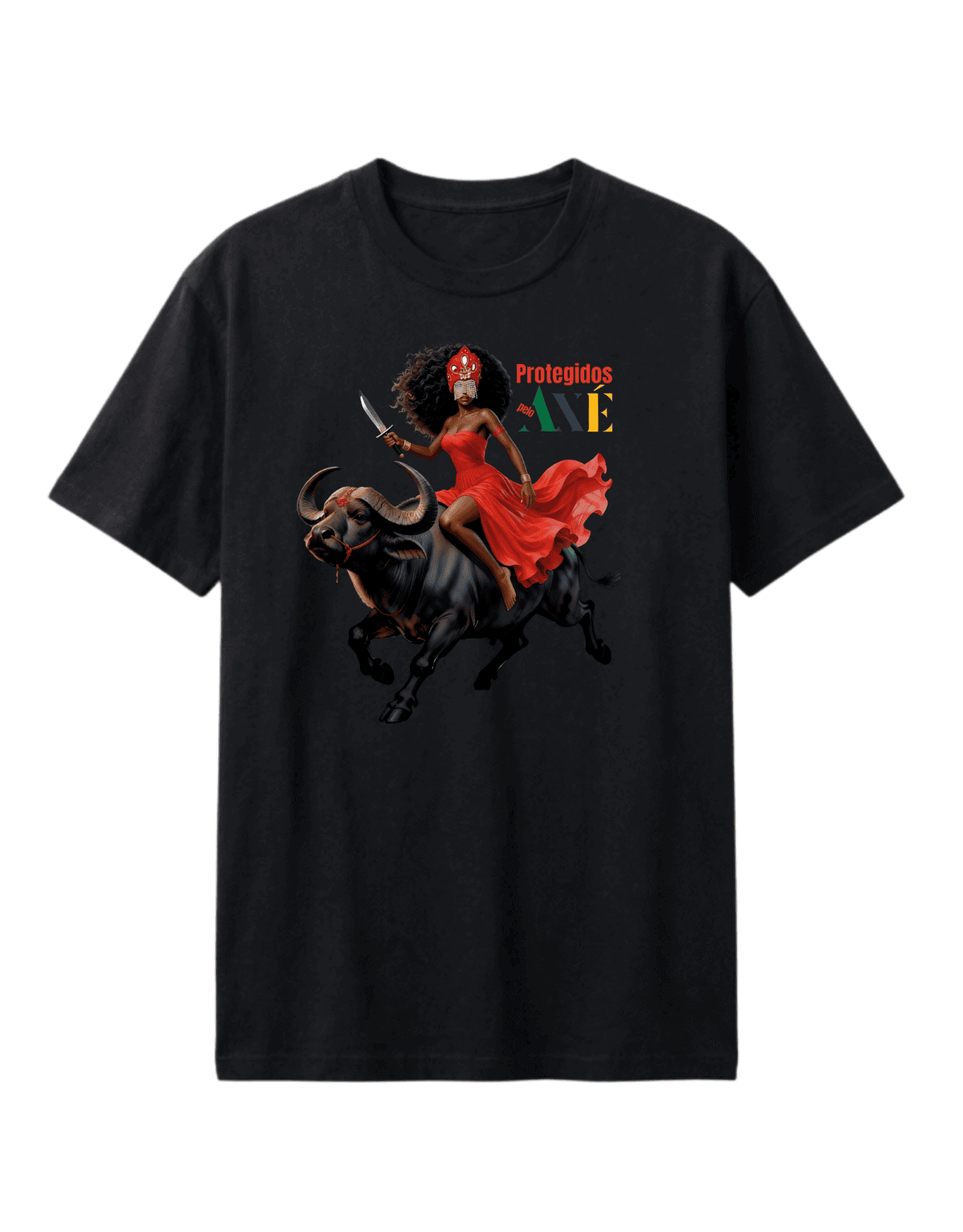 Orixá Iansã búfalo camiseta pluz-size- preta - 100% algodão Protegidos pelo Axé, entidade, umbanda, candomblé, terreiro