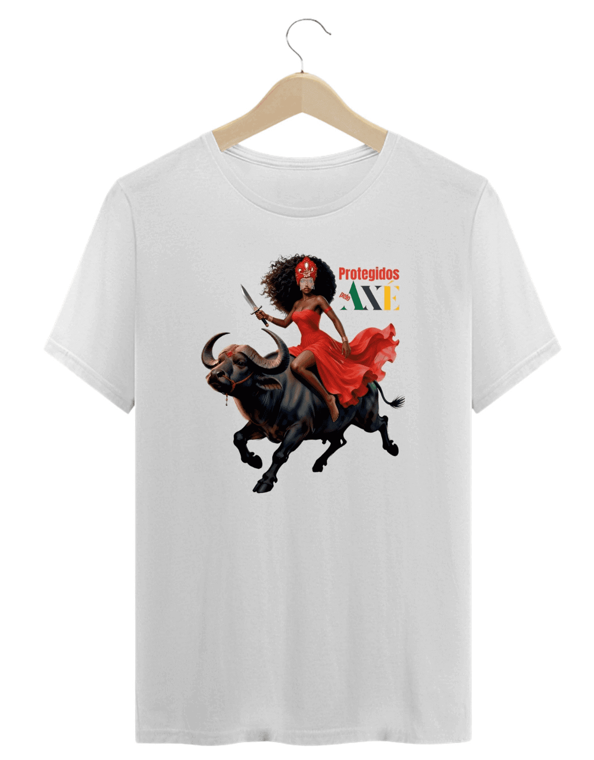 Orixá Iansã búfalo camiseta infantil branca - 100% algodão Protegidos pelo Axé, entidade, umbanda, candomblé, terreiro