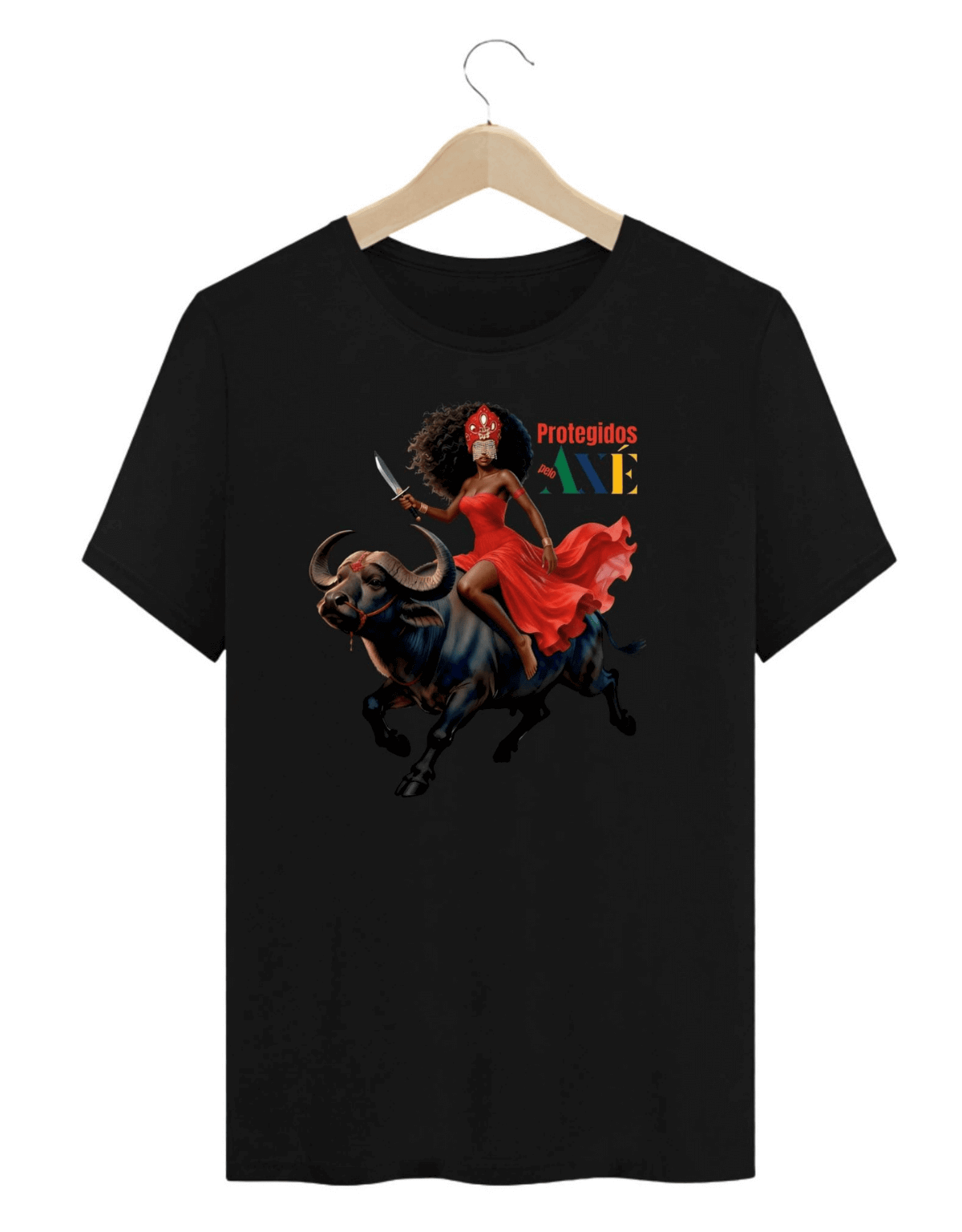 Orixá Iansã búfalo camiseta unissex preta - 100% algodão Protegidos pelo Axé, entidade, umbanda, candomblé, terreiro