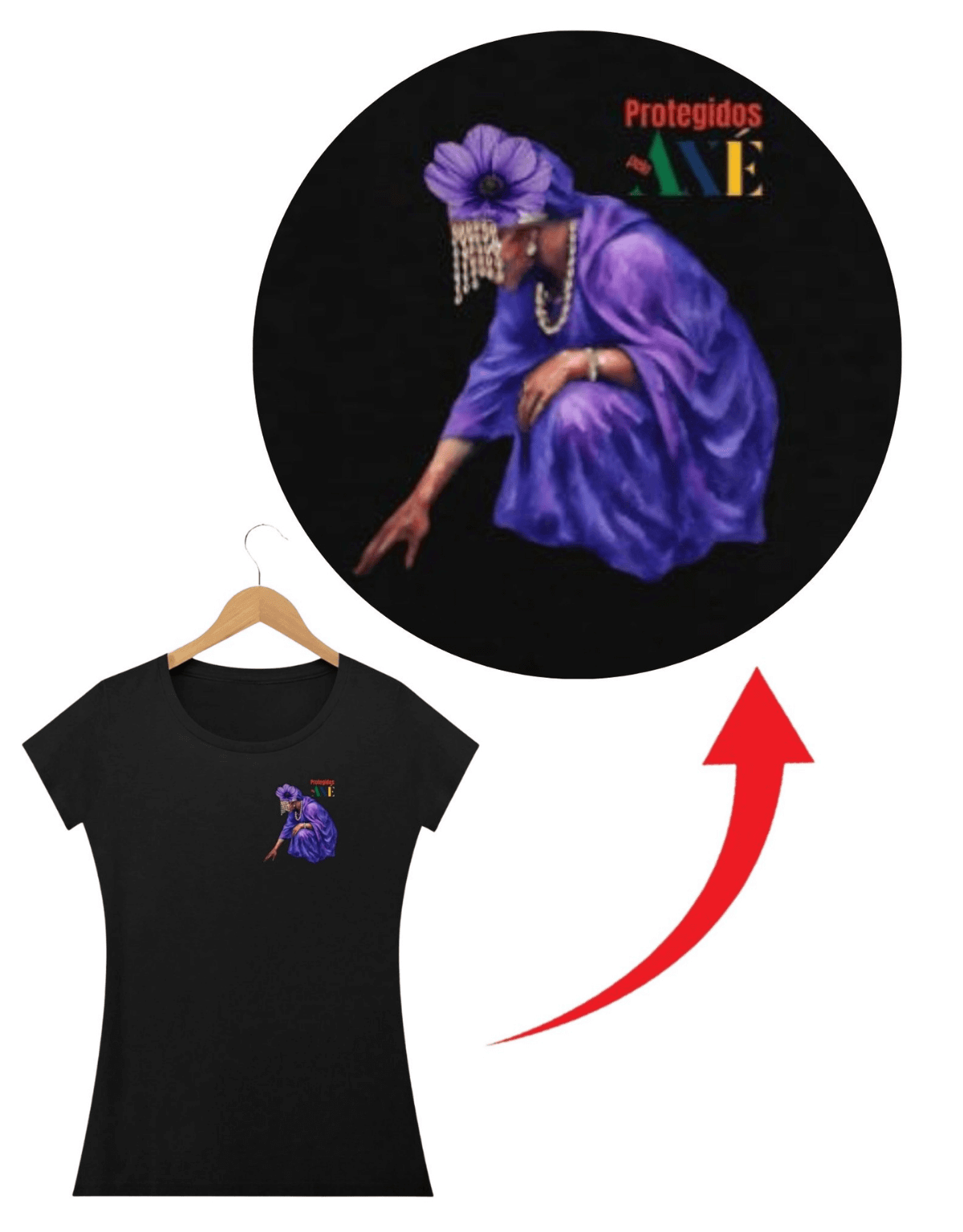 Orixá Nanã Buruque coração camiseta feminina preta - 100% algodão Protegidos pelo Axé, entidade, umbanda, candomblé, terreiro, detalhe