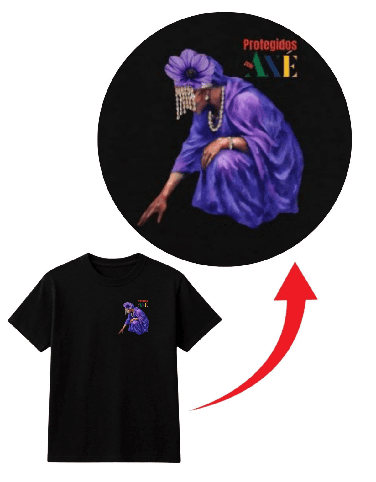 Orixá Nanã Buruque coração camiseta infantil preta - 100% algodão Protegidos pelo Axé, entidade, umbanda, candomblé, terreiro, detalhe