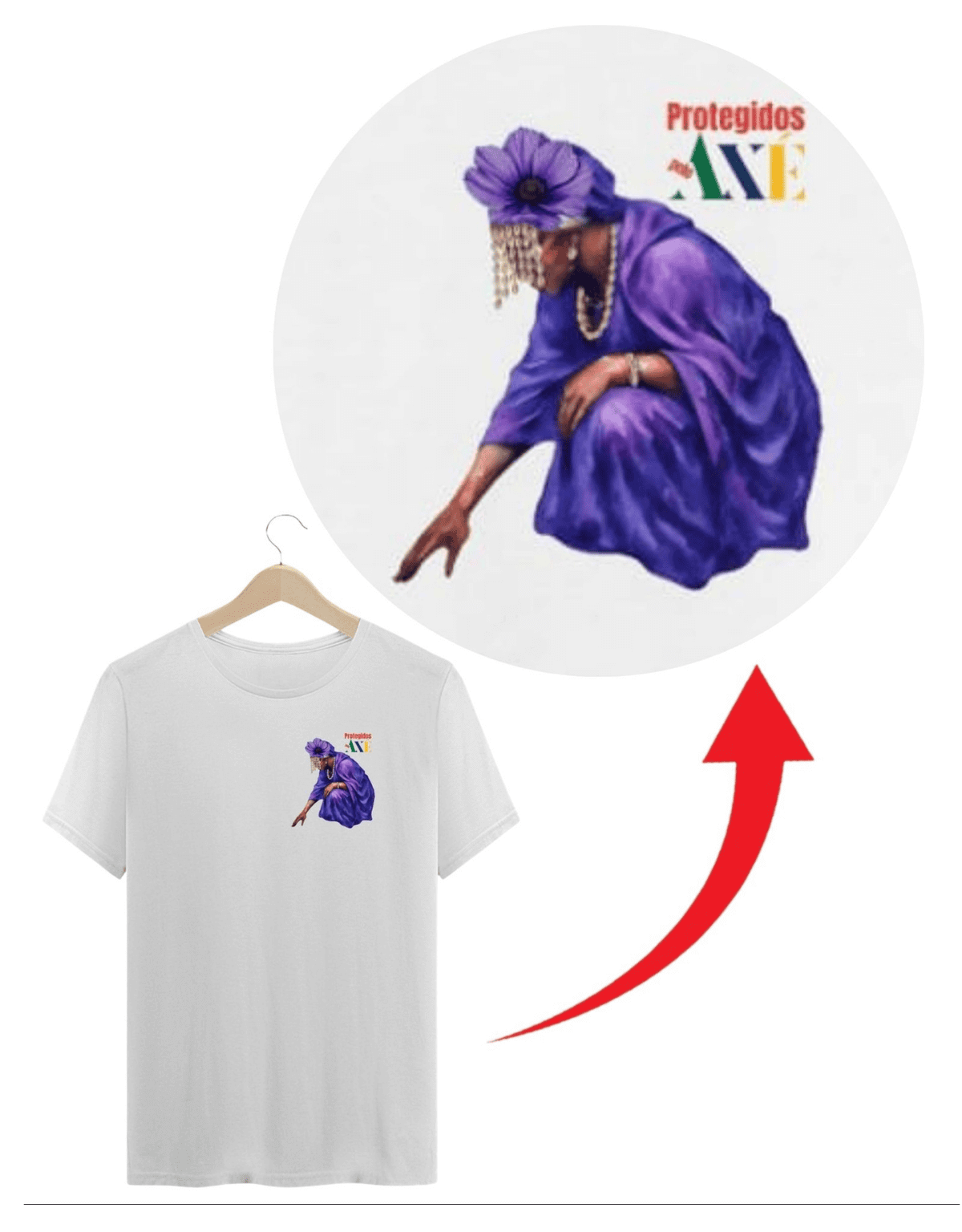 Orixá Nanã Buruque coração camiseta unissex branca - 100% algodão Protegidos pelo Axé, entidade, umbanda, candomblé, terreiro, deetalhe